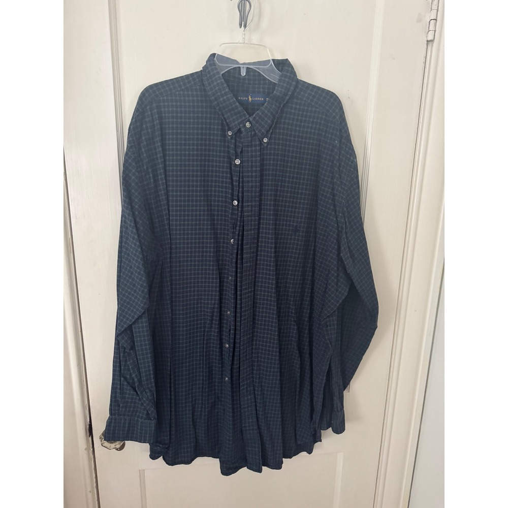 Ralph Lauren Mens 3XLT Tall Navy Green Micro Check Button Down Shirt Long Sleeve